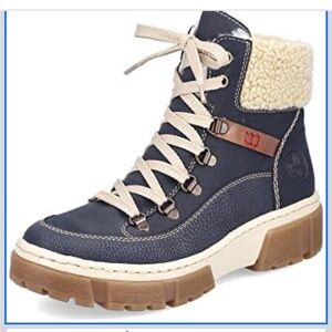 RIEKER Women's Navy Lace-Up Boots with Shearling Lining SIDE ZIPPER SIZE 41 eu